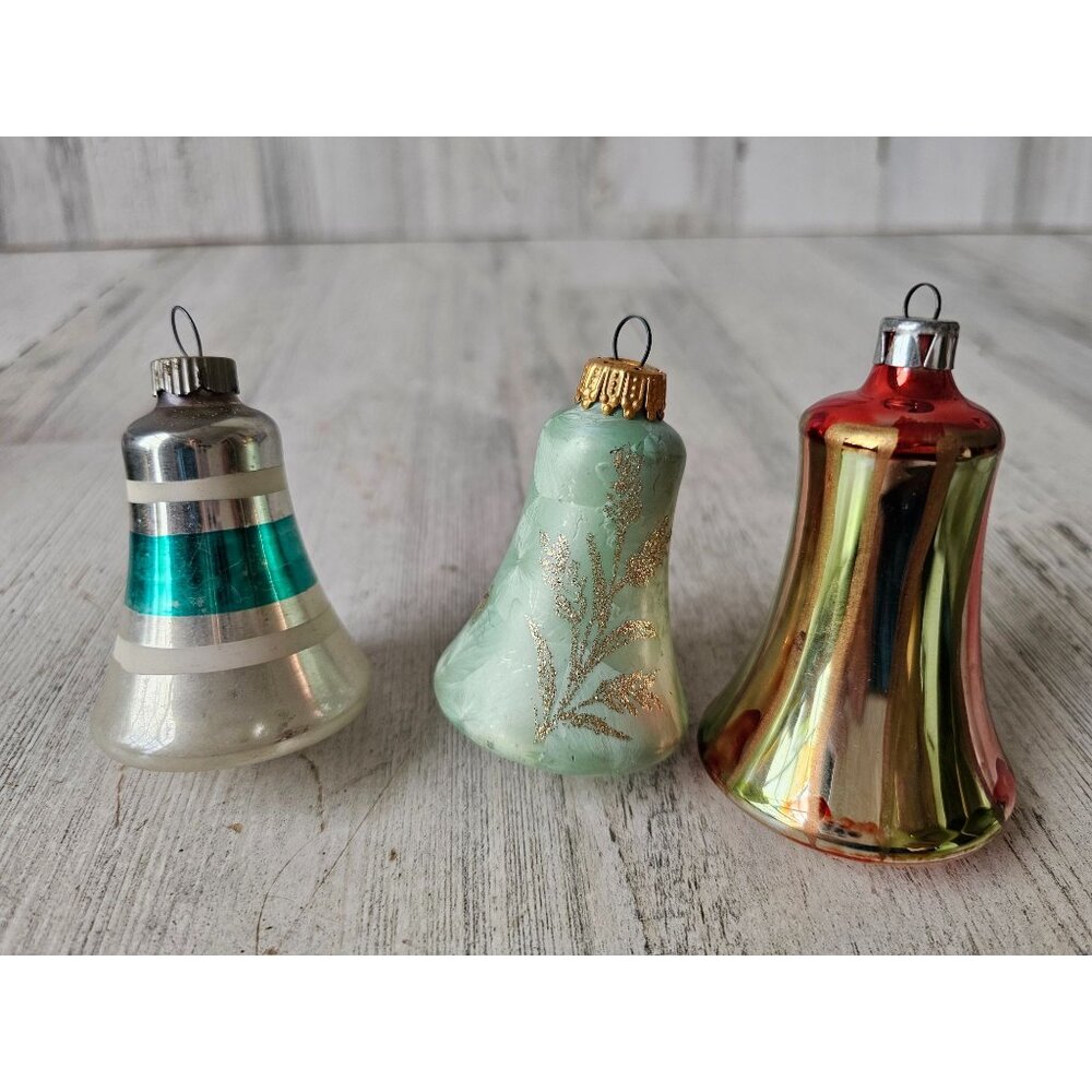 Vintage glass bell striped red green ornament Xmas set